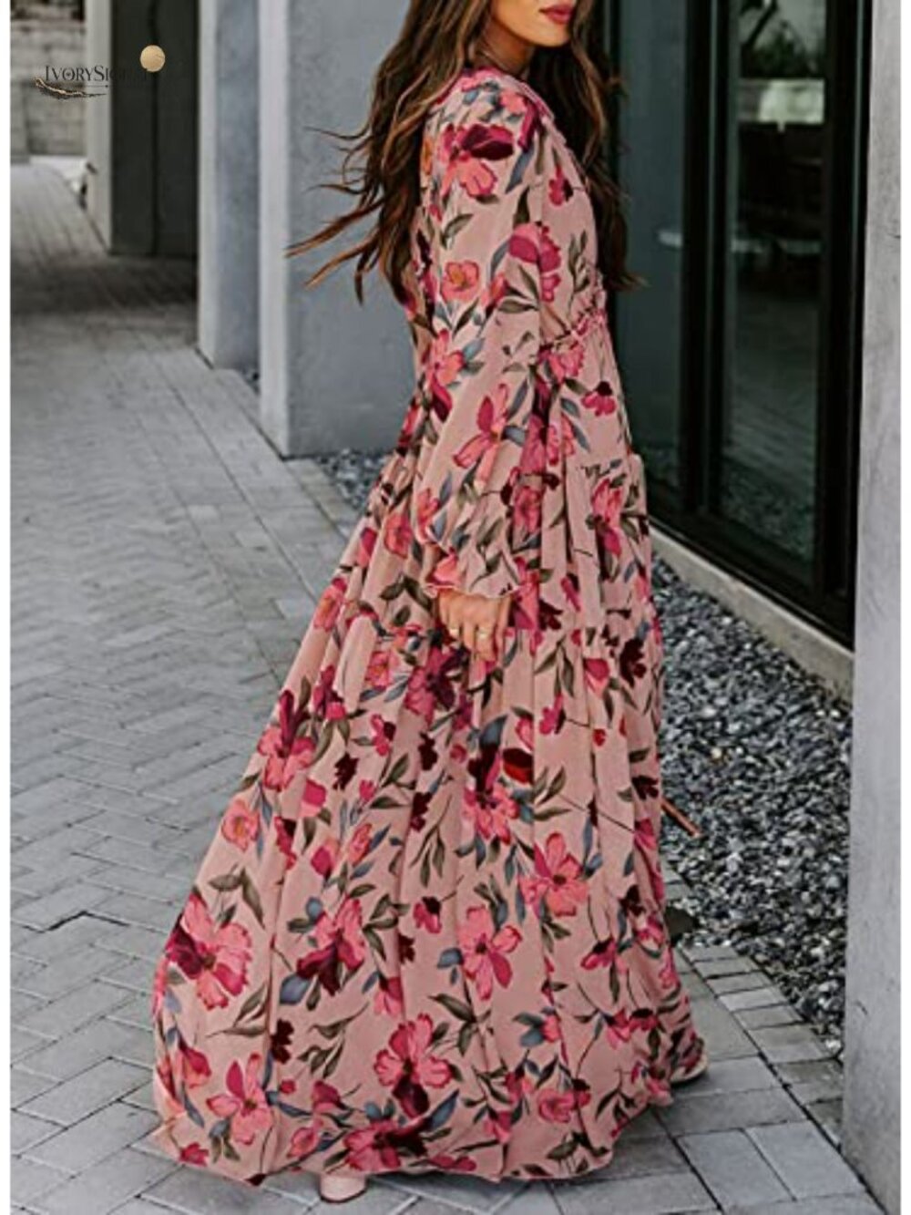 Womens Boho Floral Deep V Neck Long Sleeve Maxi Dress Beach Wedding - Picture 4 of 6